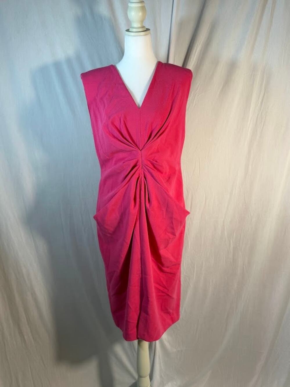 Donna Karan New York Petite 12P Red Ruched V-Neck Sheath Midi Dress NWT